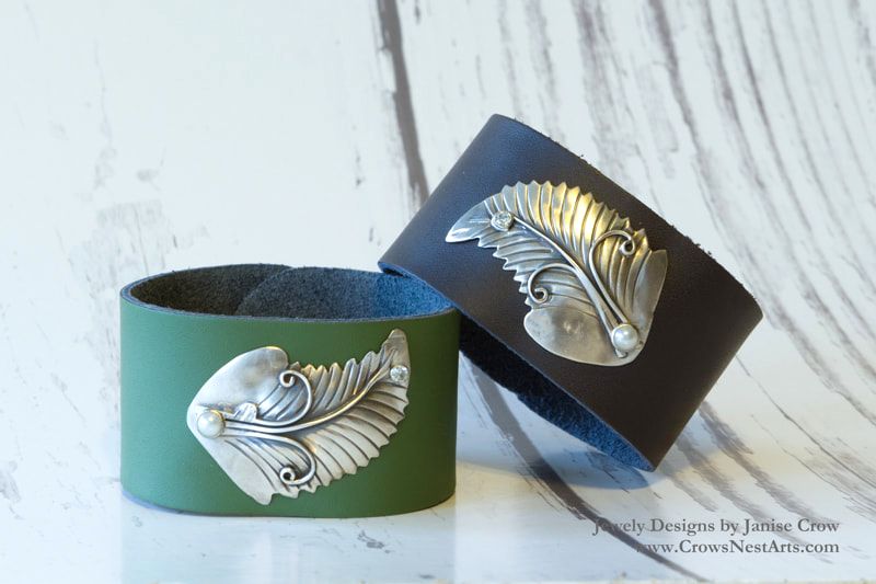 Silver and leather bracelets made from recycled jewelry, designed by Janise Crow