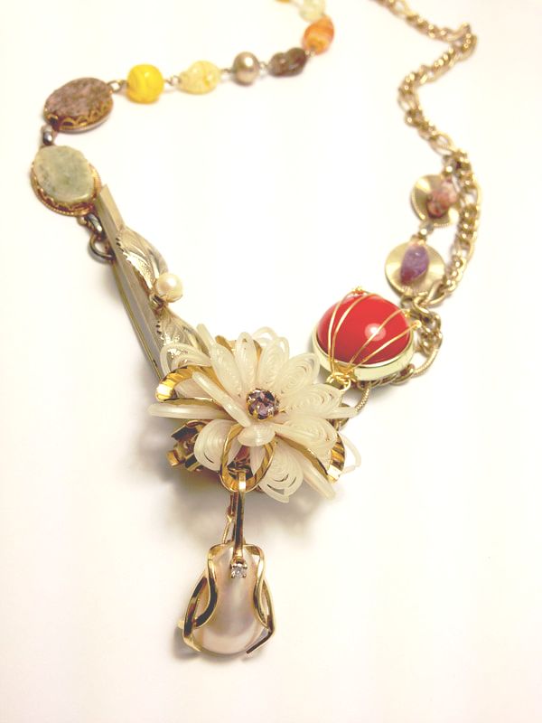 Bespoken story necklace memories of mom thru her old jewelry, Buffy Collection, designed by Janise Crow 