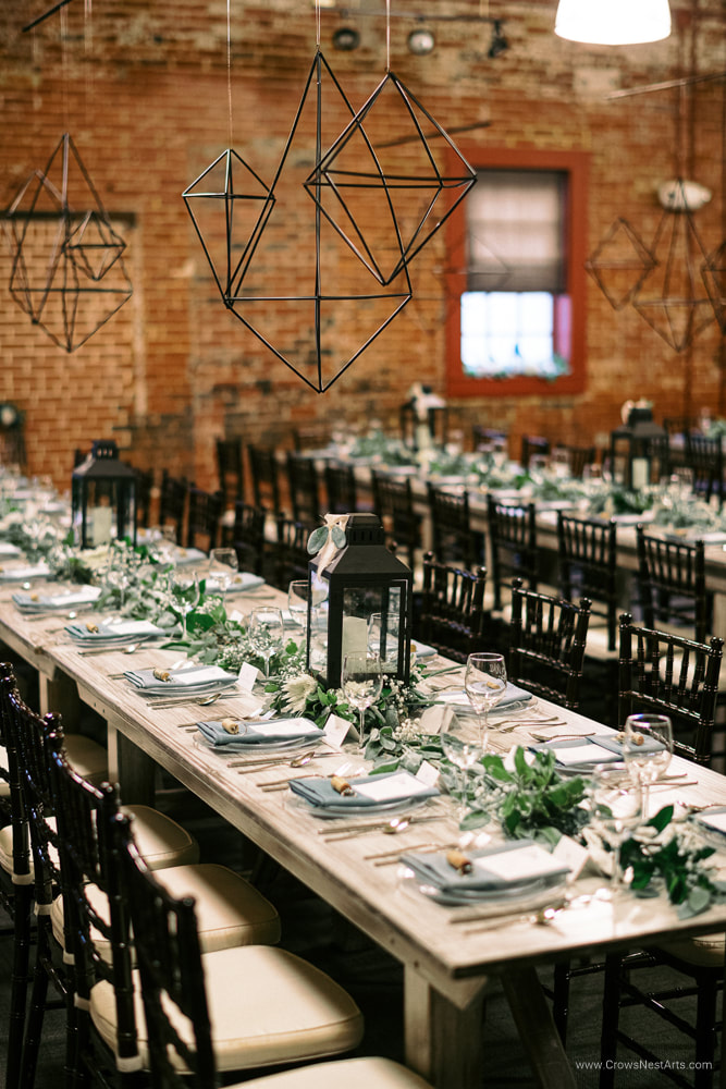 DIY Event: Banquet Room turned wedding reception, Industrial Modern Theme, Crows Nest Arts.