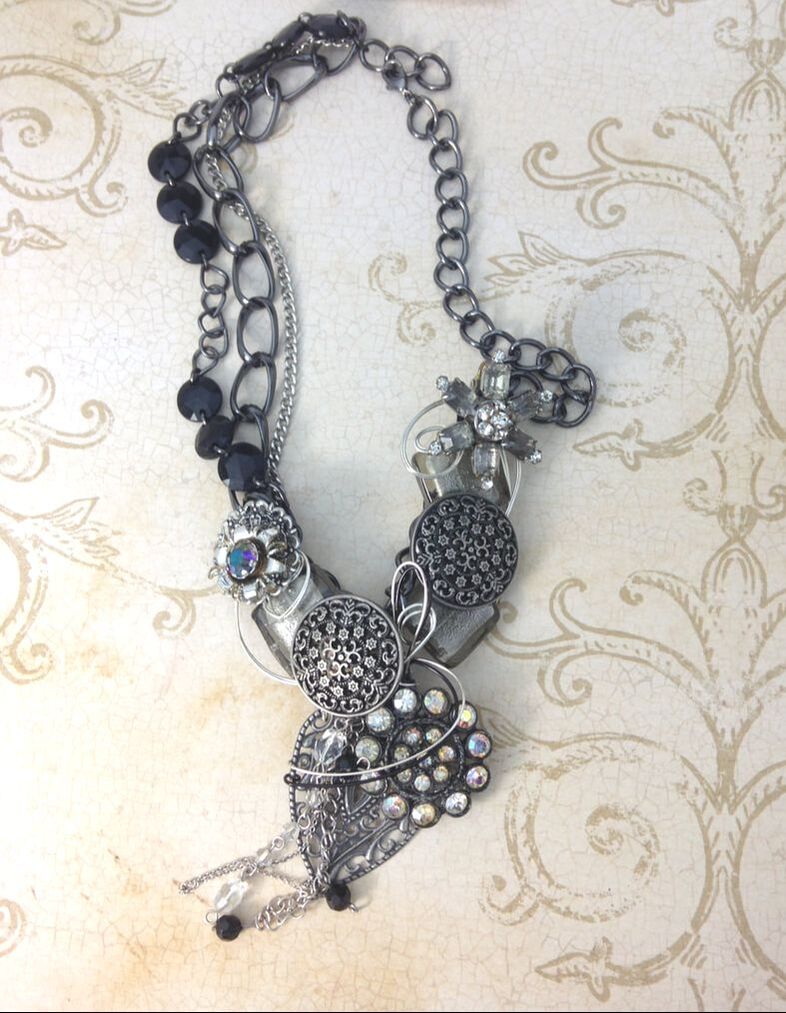 broken vintage jewelry finds new life in statement necklace, designed by Janise Crow